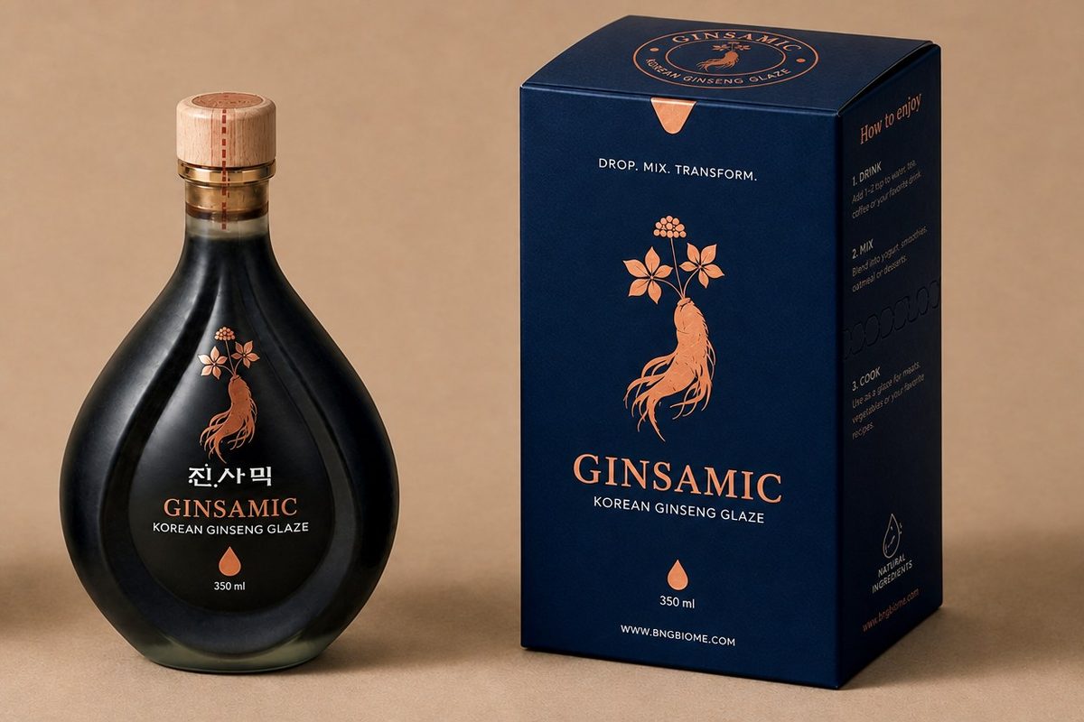 진사믹 인삼발효 글레이즈 350ml — 유리병과 네이비 패키지